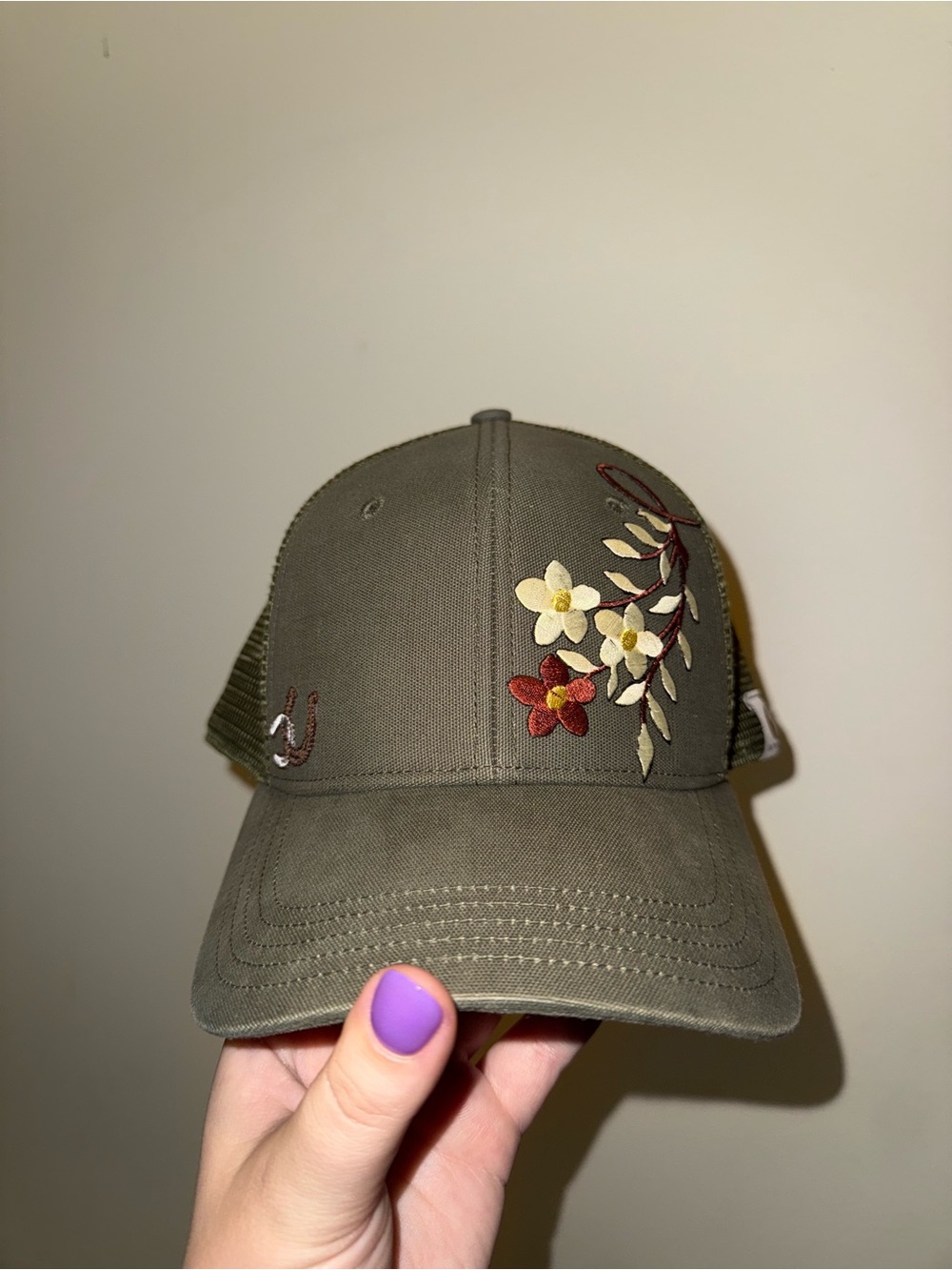 Custom Carhartt Olive Green Floral Embroidered Mesh Back Cap